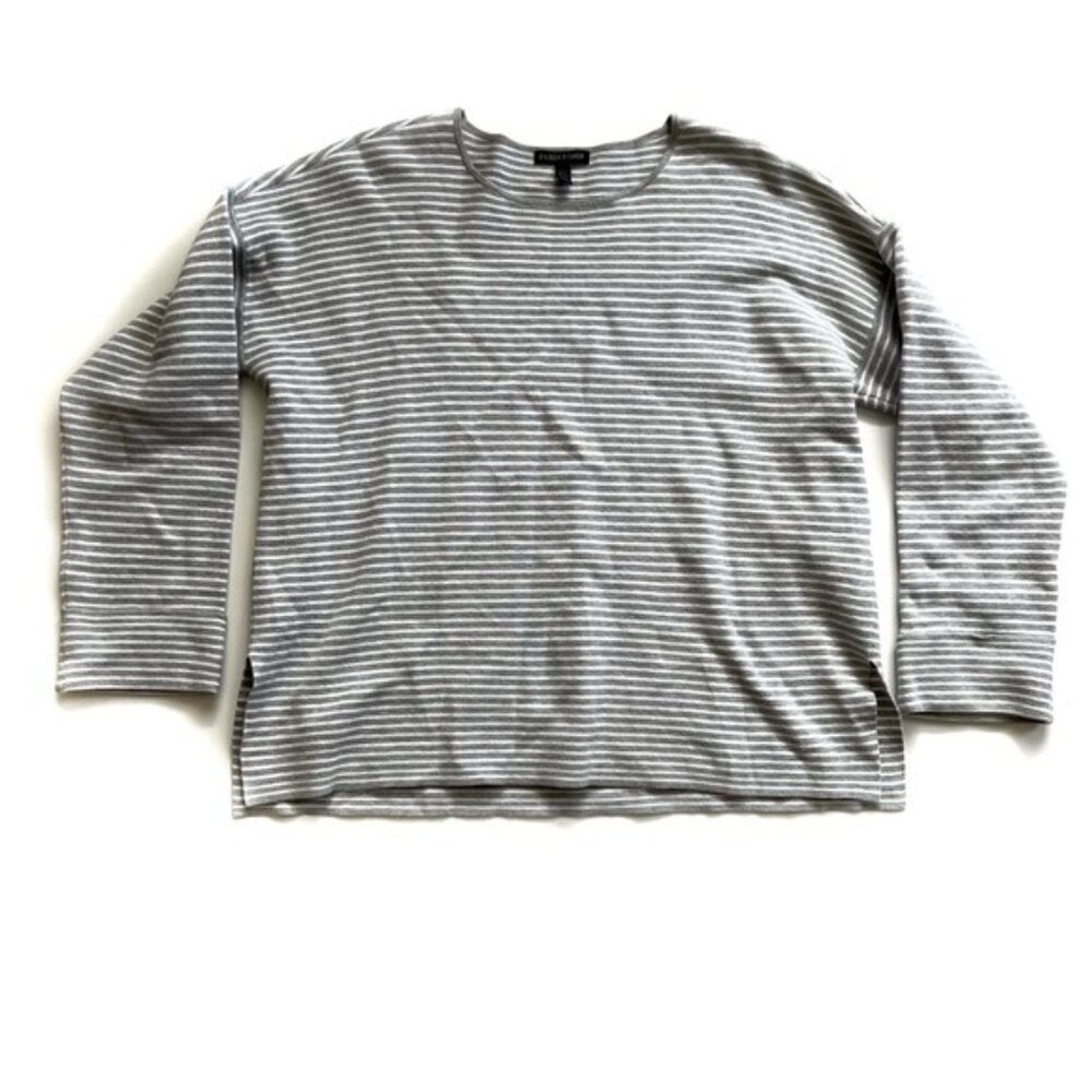 Ellen Tracy Gray and White Striped Long Sleeve Knit Top - XS